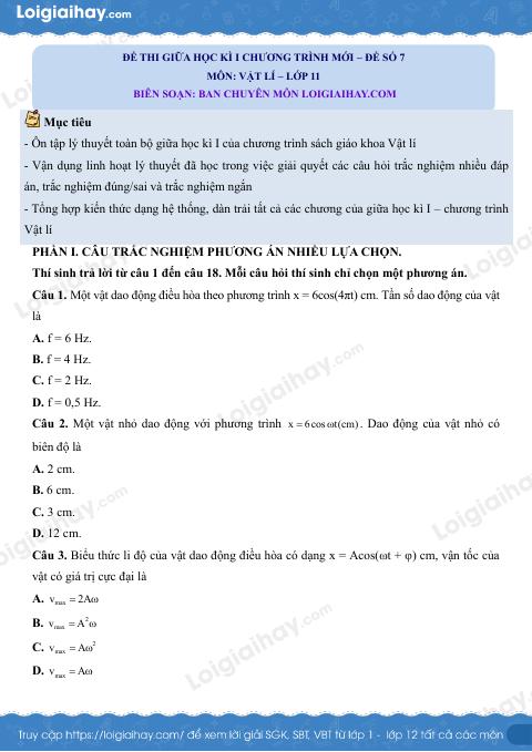 Đề thi giữa học kì 1 Vật lí 11 Chân trời sáng tạo - Đề số 7